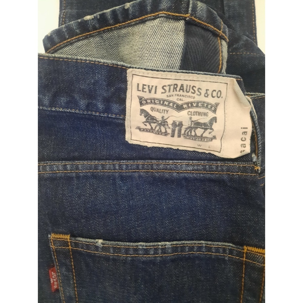 Sacai X Levis Mens 32 34 Dark Raw Denim Selvedge Blue Jeans Whiskered Faded